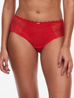 Front view of The Foundation’s Waltz Shorty Brief in Bright Poppy – featuring mid-rise semi-sheer floral lace with scalloped edges for feminine charm.