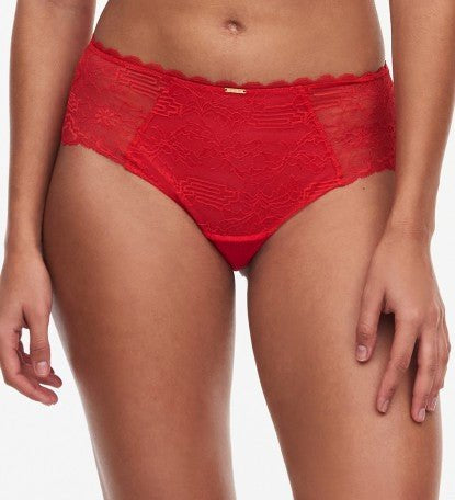 Front view of The Foundation’s Waltz Shorty Brief in Bright Poppy – featuring mid-rise semi-sheer floral lace with scalloped edges for feminine charm.