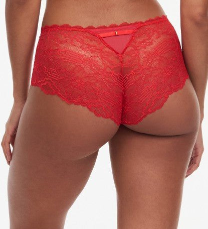 Back view of The Foundation’s Waltz Shorty Brief Bright Poppy – back view showing soft floral lace coverage and delicate scalloped trim for a flirty silhouette.