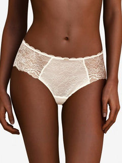 The Foundation's Chantelle Waltz Shorty Brief in Milk – mid-rise ivory lace brief with floral semi-sheer design and flattering scalloped waistband.