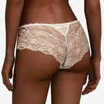 Back of The Foundation’s Waltz Shorty Brief in Milk – soft cotton gusset and sheer lace with delicate scalloped edge for a graceful silhouette.
