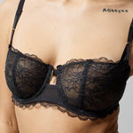 Close-up of Waltz Half Cup Balcony Bra Black highlighting vertical cup seam and luxurious lace texture