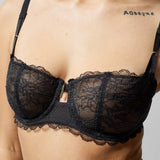 Close-up of Waltz Half Cup Balcony Bra Black highlighting vertical cup seam and luxurious lace texture