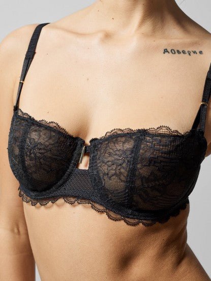 Close-up of Waltz Half Cup Balcony Bra Black highlighting vertical cup seam and luxurious lace texture