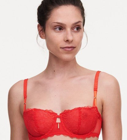 Front view of The Foundation’s Waltz Half Cup Balcony Bra in Bright Poppy – demi cut with floral lace and vertical seaming for lift and femininity.
