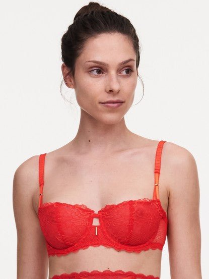 Front view of The Foundation’s Waltz Half Cup Balcony Bra in Bright Poppy – demi cut with floral lace and vertical seaming for lift and femininity.