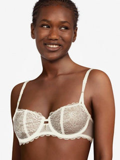 The Foundation’s Waltz Half Cup Bra in Milk – front view of delicate French Leavers lace with demi cups and a flattering uplifted neckline.