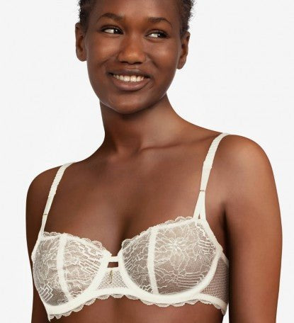 The Foundation’s Waltz Half Cup Bra in Milk – front view of delicate French Leavers lace with demi cups and a flattering uplifted neckline.
