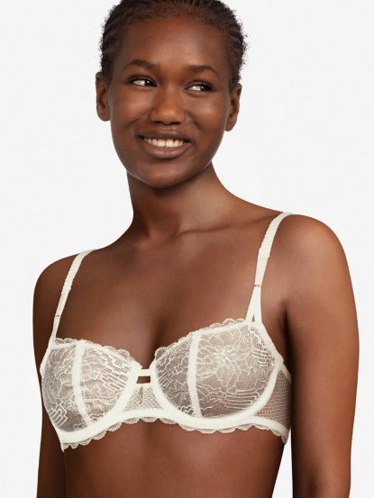 The Foundation’s Waltz Half Cup Bra in Milk – front view of delicate French Leavers lace with demi cups and a flattering uplifted neckline.