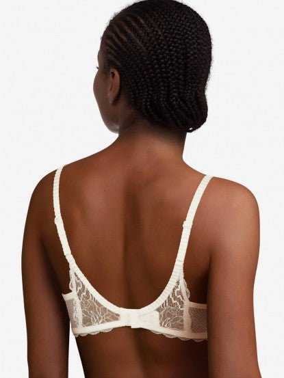 Back view of The Foundation’s Waltz Half Cup Balcony Bra in Milk – adjustable straps and supportive band with elegant floral lace detailing.