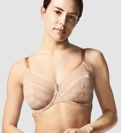 Model showcasing the Chantelle Revele Moi 4 Parts Wire Bra in Nubuck, featuring sheer mesh panels, vertical seams, and full coverage for everyday support. front view