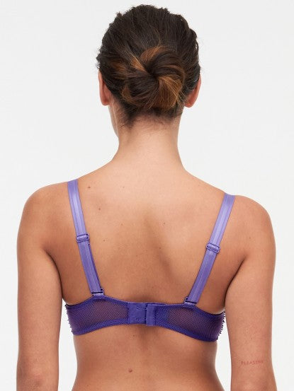 Model wearing Chantelle Day to Night Half Cup Bra in Veronica purple with demi shape, refined Lycra lace, and adjustable straps for a lifted look. back view