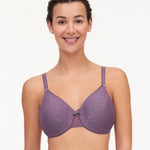 Model wearing Chantelle C Magnifique Moulded Bra in Myrtille – full coverage underwire minimiser with smooth moulded cups from The Foundation