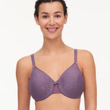 Model wearing Chantelle C Magnifique Moulded Bra in Myrtille – full coverage underwire minimiser with smooth moulded cups from The Foundation