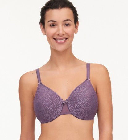 Model wearing Chantelle C Magnifique Moulded Bra in Myrtille – full coverage underwire minimiser with smooth moulded cups from The Foundation