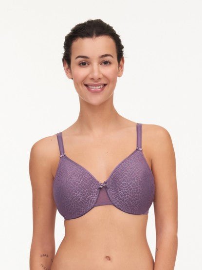 Model wearing Chantelle C Magnifique Moulded Bra in Myrtille – full coverage underwire minimiser with smooth moulded cups from The Foundation