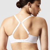 Model wearing Chantelle Parisian Allure Covering Bra in White from The Foundation, featuring semi-sheer cups, plunge neckline, and racerback straps. back view