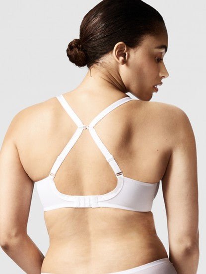 Model wearing Chantelle Parisian Allure Covering Bra in White from The Foundation, featuring semi-sheer cups, plunge neckline, and racerback straps. back view