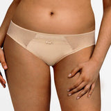 Chantelle Parisian Allure Brief in Nude, showcasing fishnet tulle side inlays and gold charm at the front.