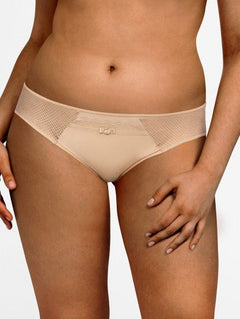 Chantelle Parisian Allure Brief in Nude, showcasing fishnet tulle side inlays and gold charm at the front.