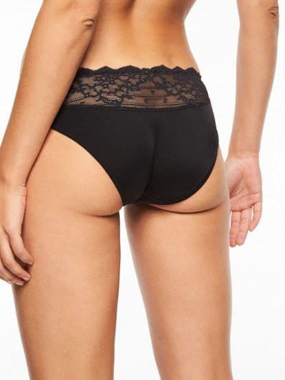 Back view of Chantelle Rive Gauche black lace brief, styled and shot for The Foundation
