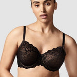 Chantelle Rive Gauche 3 Part Full Coverage Bra in Noir, worn by model, showing full cup unlined lace and natural lift support.
