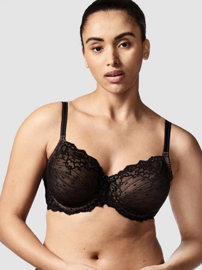 Chantelle Rive Gauche 3 Part Full Coverage Bra in Noir, worn by model, showing full cup unlined lace and natural lift support.