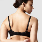 Back view of Rive Gauche bra in black, featuring leotard-style straps, adjustable band and double-layer mesh back.