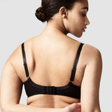 Back view of Rive Gauche bra in black, featuring leotard-style straps, adjustable band and double-layer mesh back.