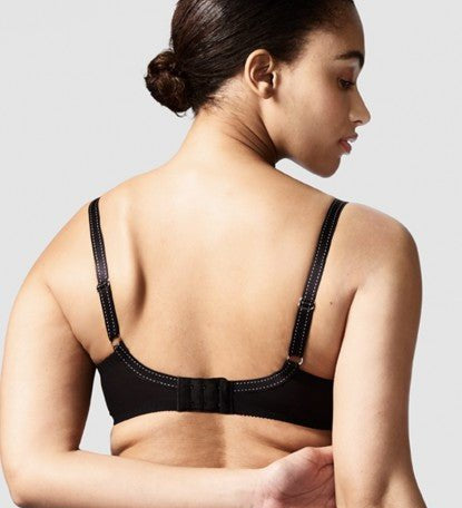 Back view of Rive Gauche bra in black, featuring leotard-style straps, adjustable band and double-layer mesh back.