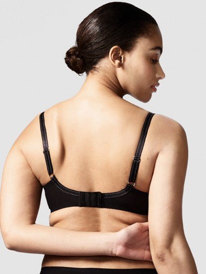 Back view of Rive Gauche bra in black, featuring leotard-style straps, adjustable band and double-layer mesh back.