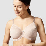 Chantelle Rive Gauche 3 Part Full Coverage Bra in Dune, worn by smiling model, showcasing unlined lace cups and supportive fit.