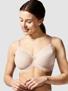 Chantelle Rive Gauche 3 Part Full Coverage Bra in Dune, worn by smiling model, showcasing unlined lace cups and supportive fit.