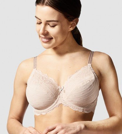 Chantelle Rive Gauche 3 Part Full Coverage Bra in Dune, worn by smiling model, showcasing unlined lace cups and supportive fit.