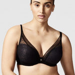 Model wearing the Chantelle Festivité Plunging T-Shirt Bra in Noir – photographed for The Foundation