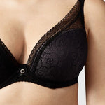 Model wearing the Chantelle Festivité Plunging T-Shirt Bra in Noir – photographed for The Foundation. close up