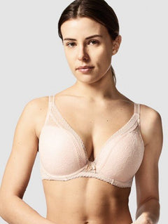 Chantelle Festivité Plunging T-Shirt Bra in Golden Beige – front model view, photographed for The Foundation