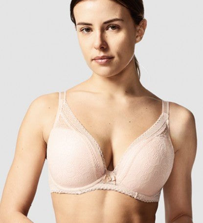 Chantelle Festivité Plunging T-Shirt Bra in Golden Beige – front model view, photographed for The Foundation