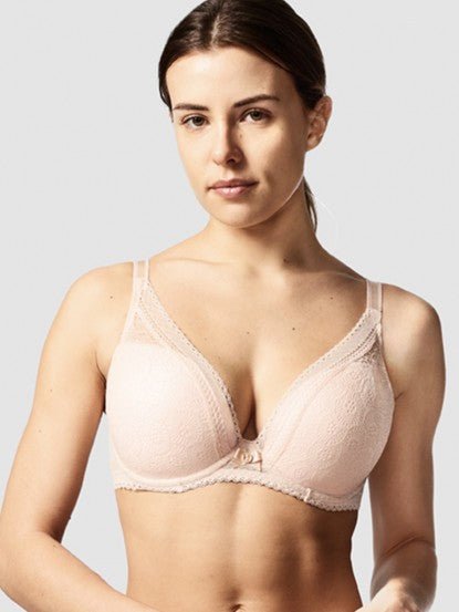 Chantelle Festivité Plunging T-Shirt Bra in Golden Beige – front model view, photographed for The Foundation