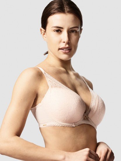 Golden Beige Chantelle plunge bra – angled side profile, captured for The Foundation