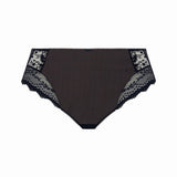 Flat lay of Elomi Charley Full Brief Jet Black laid flat, featuring embroidered side panels and bow detail.