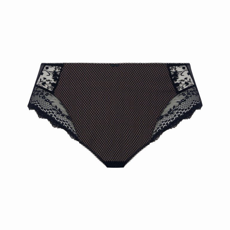 Flat lay of Elomi Charley Full Brief Jet Black laid flat, featuring embroidered side panels and bow detail.