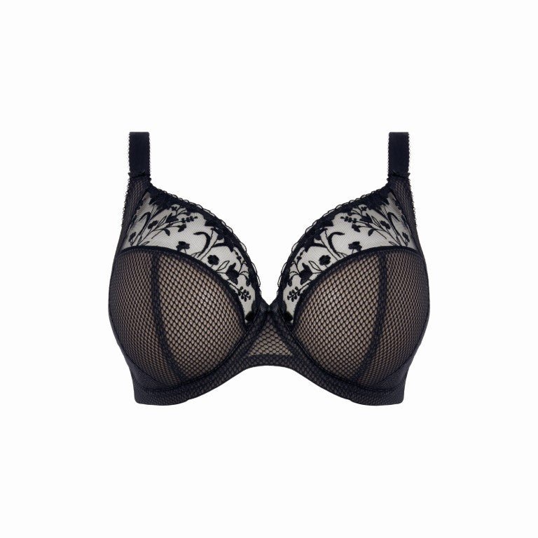 Flat lay of Elomi Charley Underwire Plunge Bra Jet Black, close-up of floral lace embroidery and light mesh details.