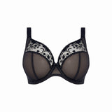 Flat lay of Elomi Charley Underwire Plunge Bra Jet Black, close-up of floral lace embroidery and light mesh details.