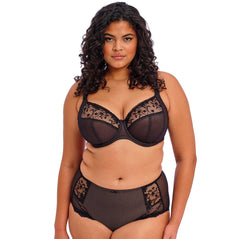 Plus-size model wearing the Elomi Charley Underwire Plunge Bra Jet Black, showing full cup fit and delicate stretch lace design.