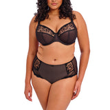 Plus-size model wearing Elomi Charley Full Brief and matching bra in Jet Black showing coordinated lingerie set.