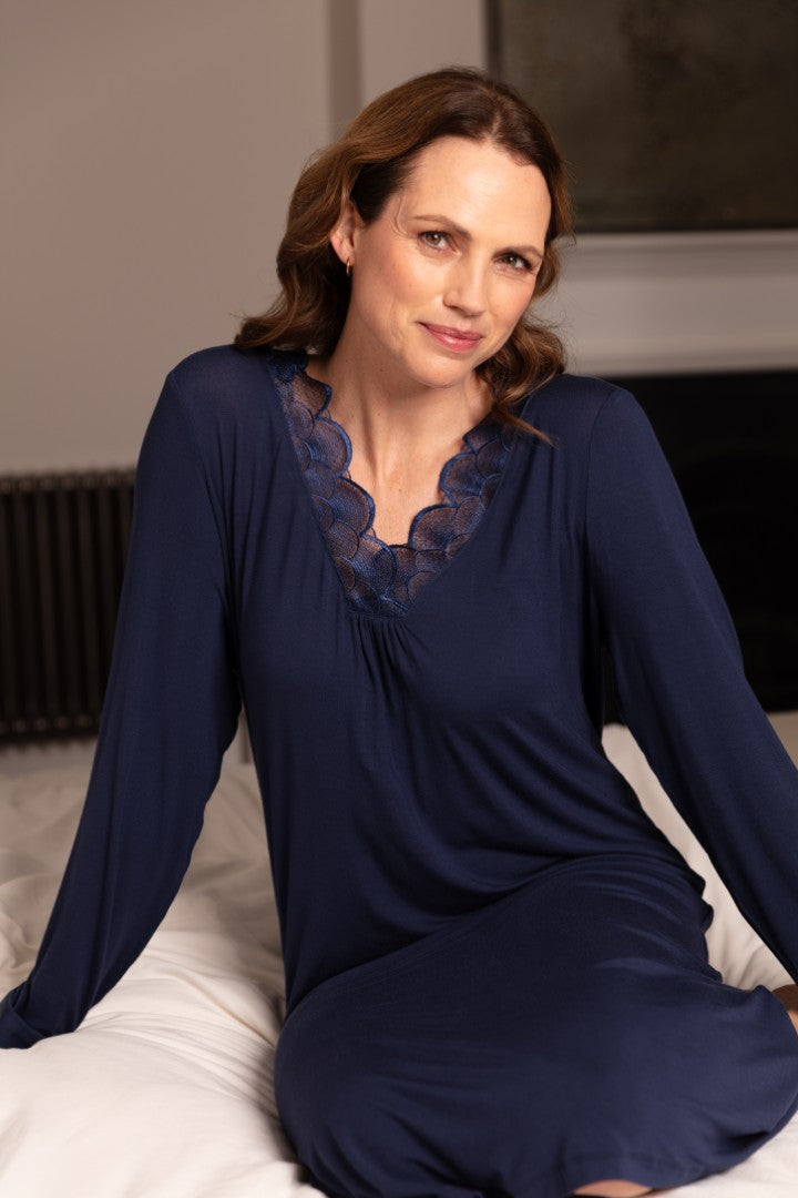 Nora Rose Caroline Navy Modal Jersey Long Sleeve Short Nightdress The nora-rose-caroline-navy-modal-jersey-long-sleeve-short-nightdress-the