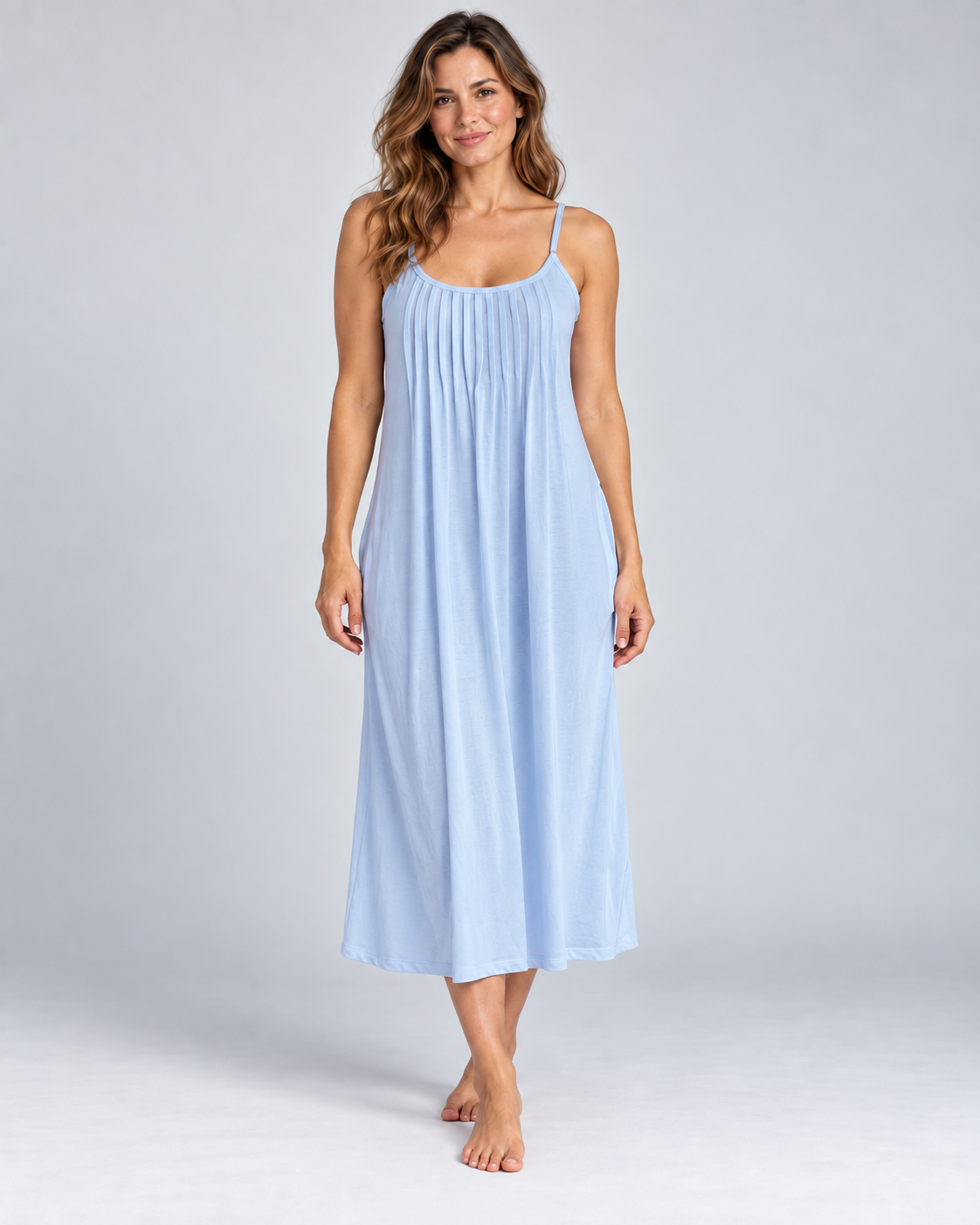 Emily Pintuck Cotton Jersey Nightdress Blue