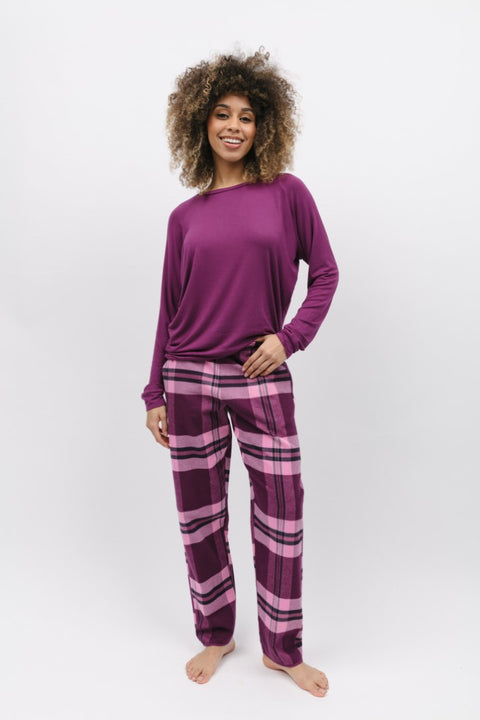 Carina Modal Knit Top and Eve Check Pant Magenta