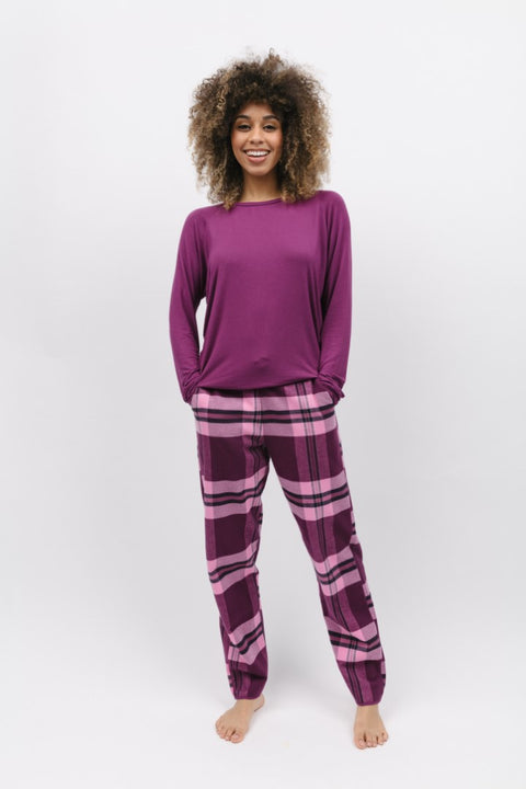 Carina Modal Knit Top and Eve Check Pant Magenta